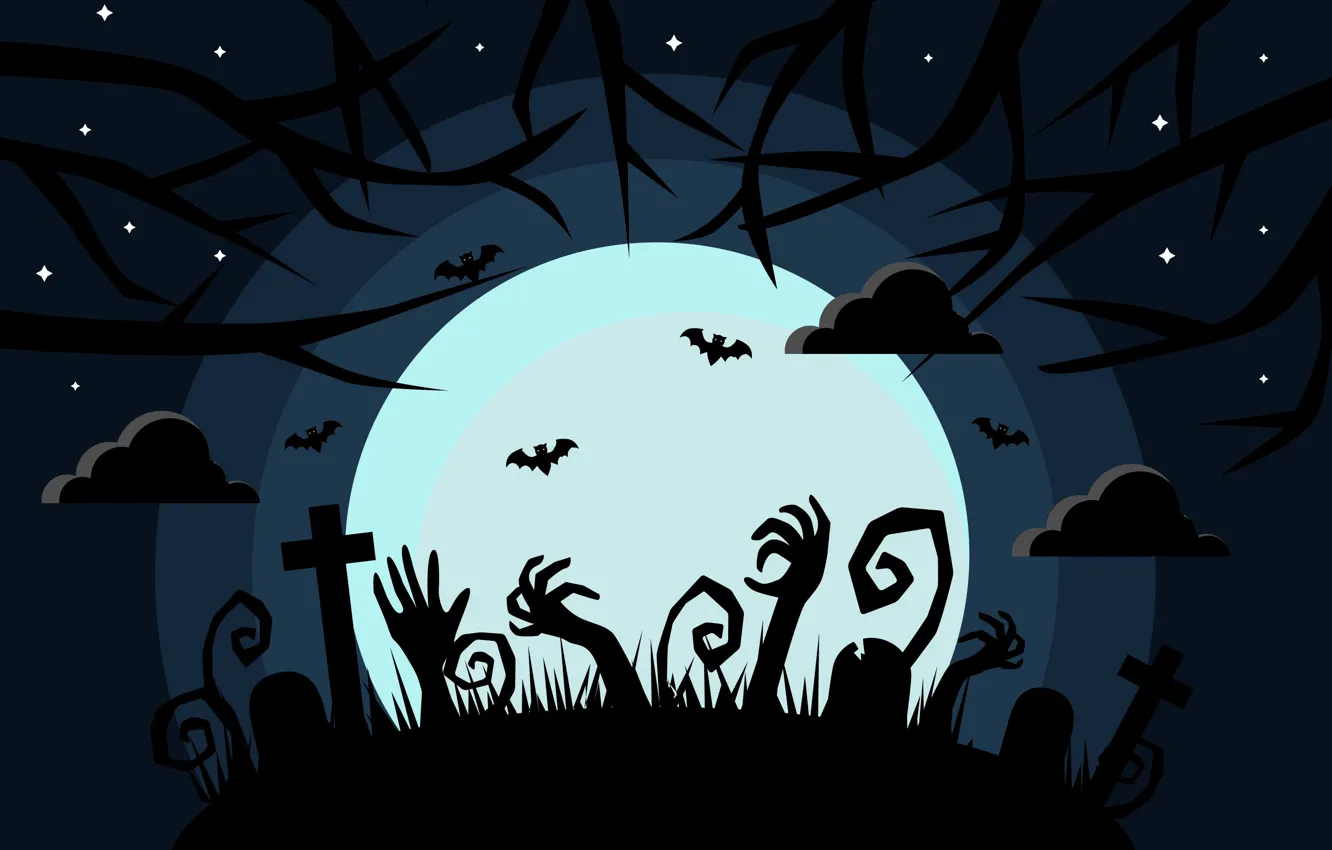 Photo wallpaper Night, The moon, Clouds, Halloween, Halloween, Zombies, Cemetery, Scary