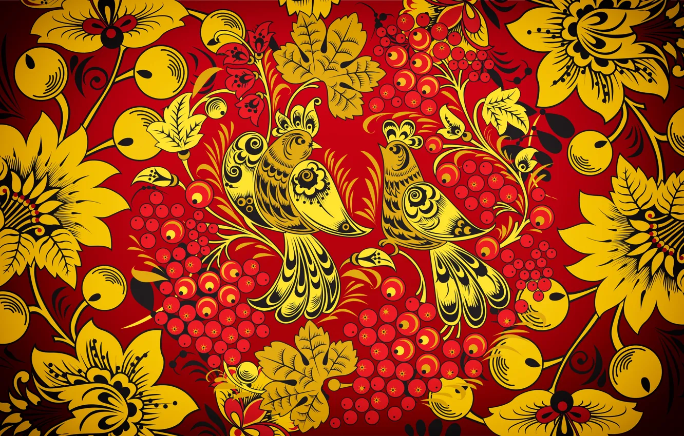Photo wallpaper Flowers, Red, Bird, Birds, Style, Background, Painting, Art