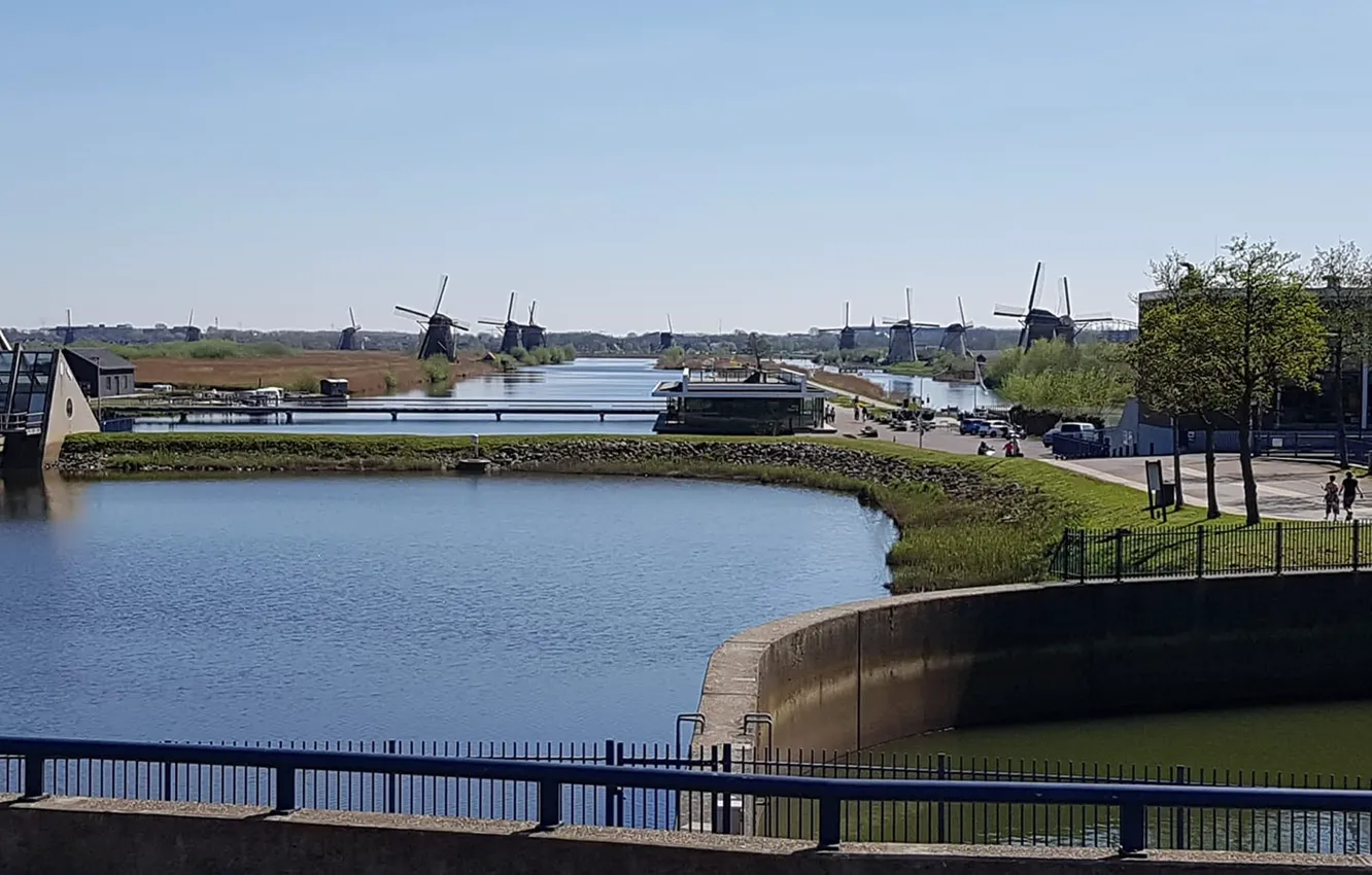 Photo wallpaper Windmills, Holland, nature, The Netherlands, Kinderdijk
