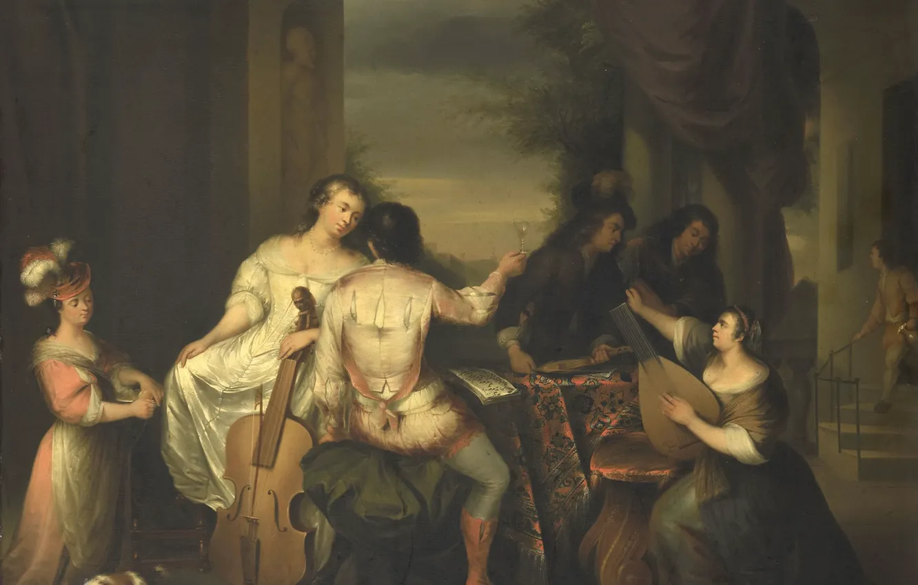 Photo wallpaper oil, picture, 1757, Melchior Brussouw, Playing music company, Melchior Brassauw