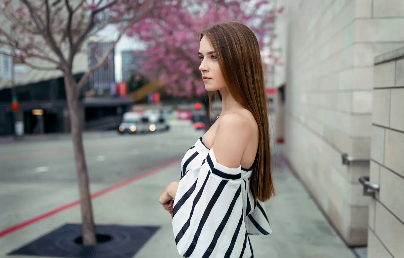 Photo wallpaper city, girl, long hair, photo, blue eyes, tree, model, lips