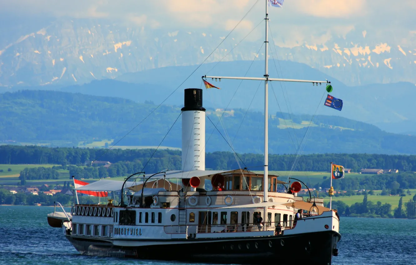 Photo wallpaper lake, retro, steamer