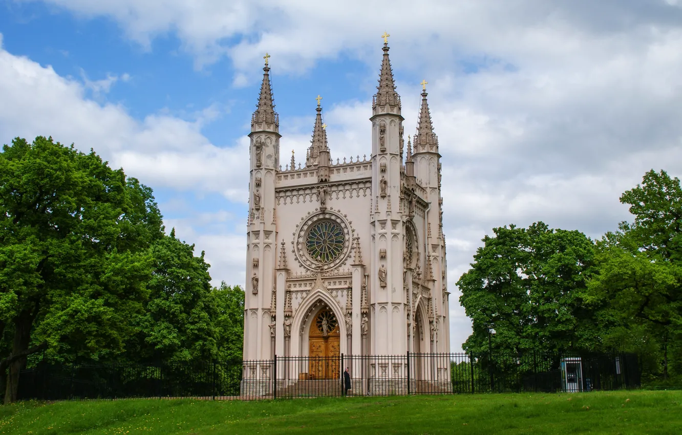 Photo wallpaper landscape, Park, Gothic, building, Saint Petersburg, architecture, Peterhof, Alexandria Park