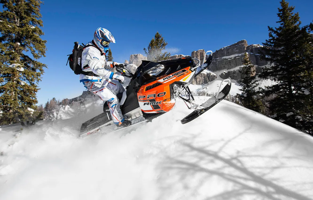 Photo wallpaper snow, jump, slope, snow, snowmobile, Polaris, snowmobile, Polaris