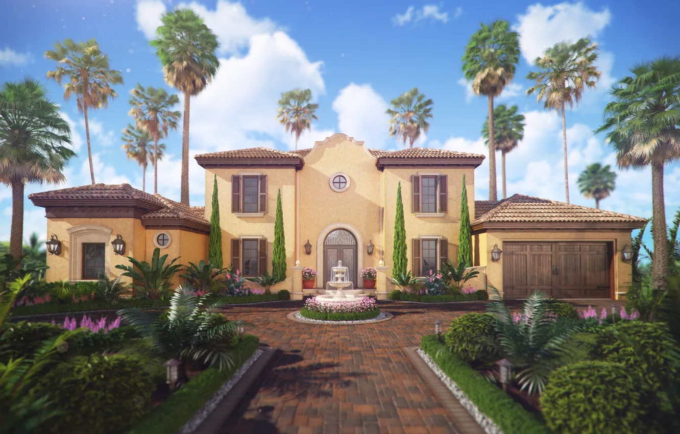 Photo wallpaper pavers, yard, fountain, structure, Spain Villa De La Rosa