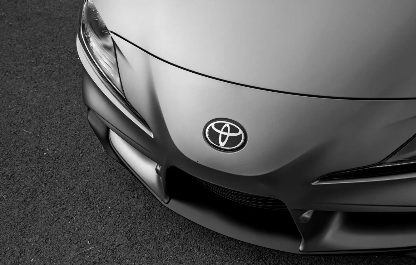 Photo wallpaper grey, coupe, the hood, before, emblem, Toyota, Supra, the fifth generation