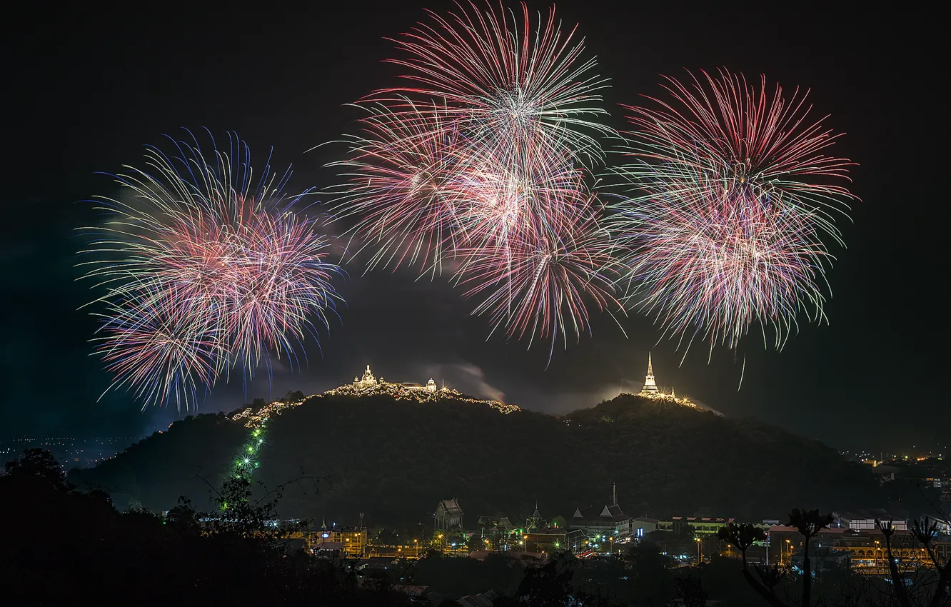 Photo wallpaper landscape, mountains, the city, mood, holiday, beauty, the evening, fireworks