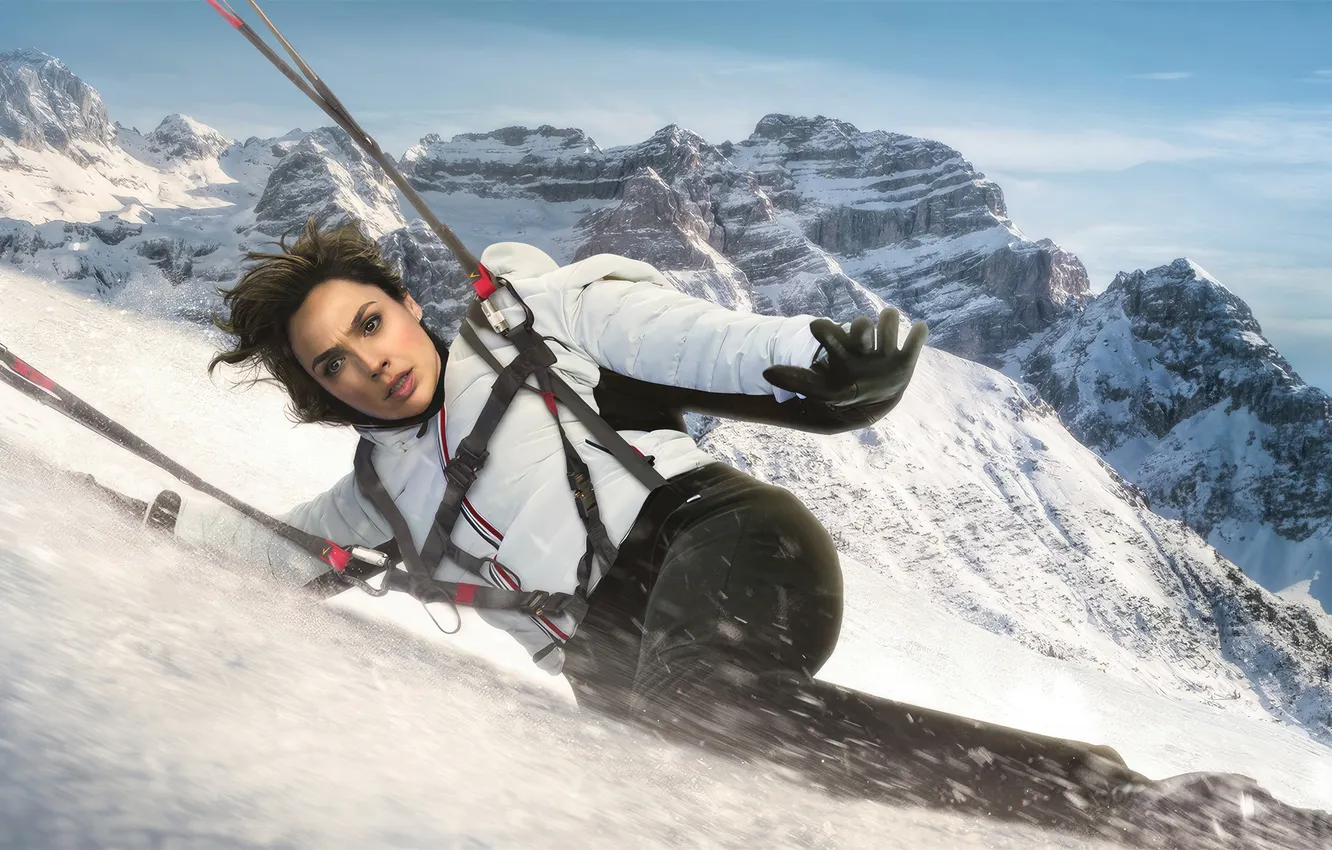 Photo wallpaper look, snow, mountains, pose, makeup, figure, hair, Gal Gadot
