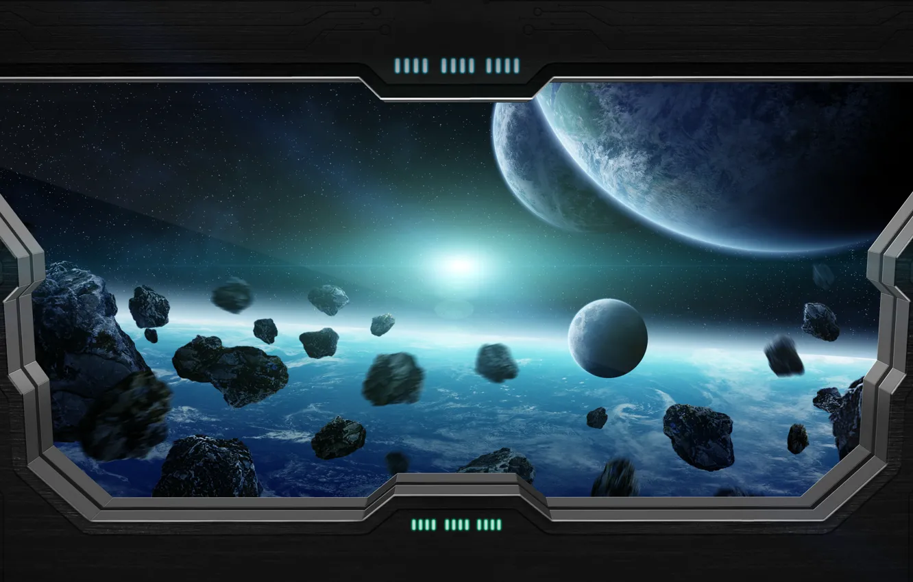Photo wallpaper light, star, planet, sci fi, meteorites, window spaceship