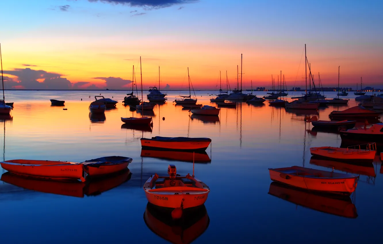 Photo wallpaper sea, the sky, water, clouds, sunset, lights, boat, the evening