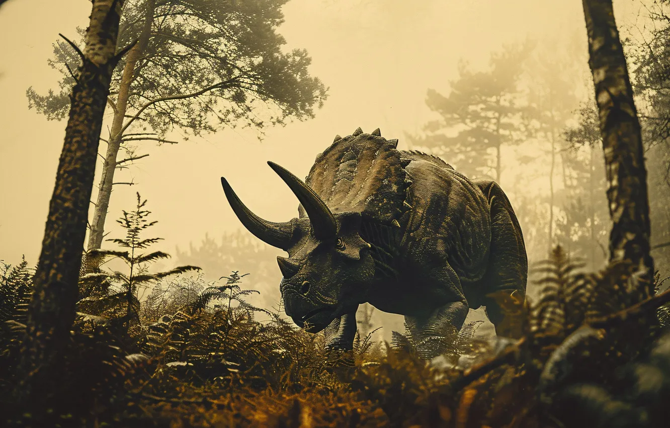 Photo wallpaper trees, animal, dinosaur, horns, Triceratops, digital art, Triceratops, Ancient animals