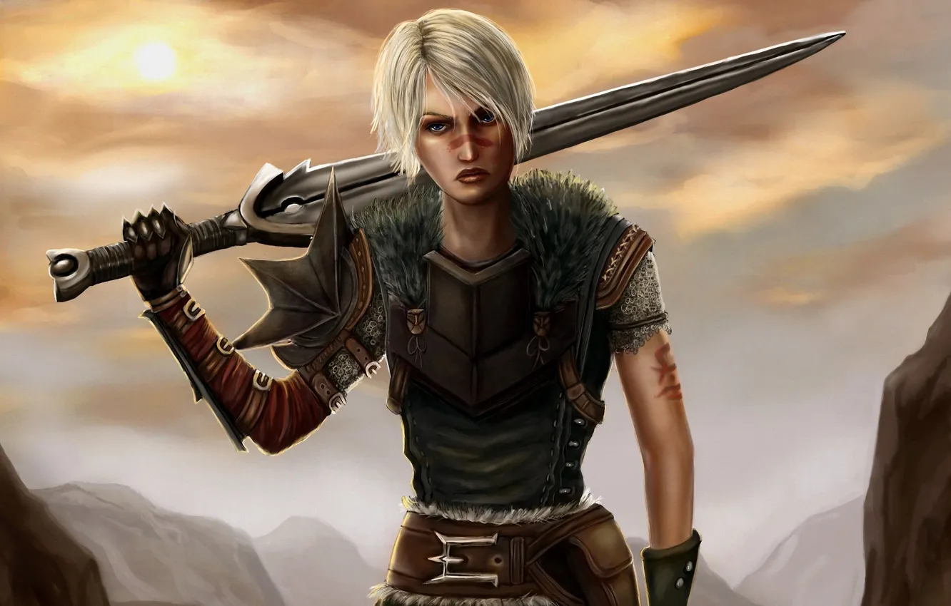 Photo wallpaper girl, sword, art, Dragon Age 2, Hawke