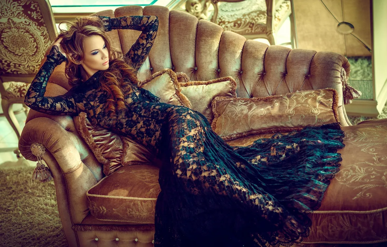 Photo wallpaper girl, model, glamour, dress, girl, brown hair, sofa, model