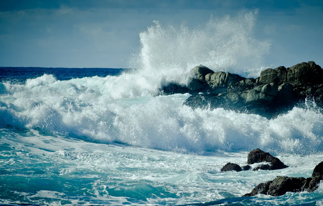 Photo wallpaper wave, foam, water, squirt, stones, the ocean, rocks