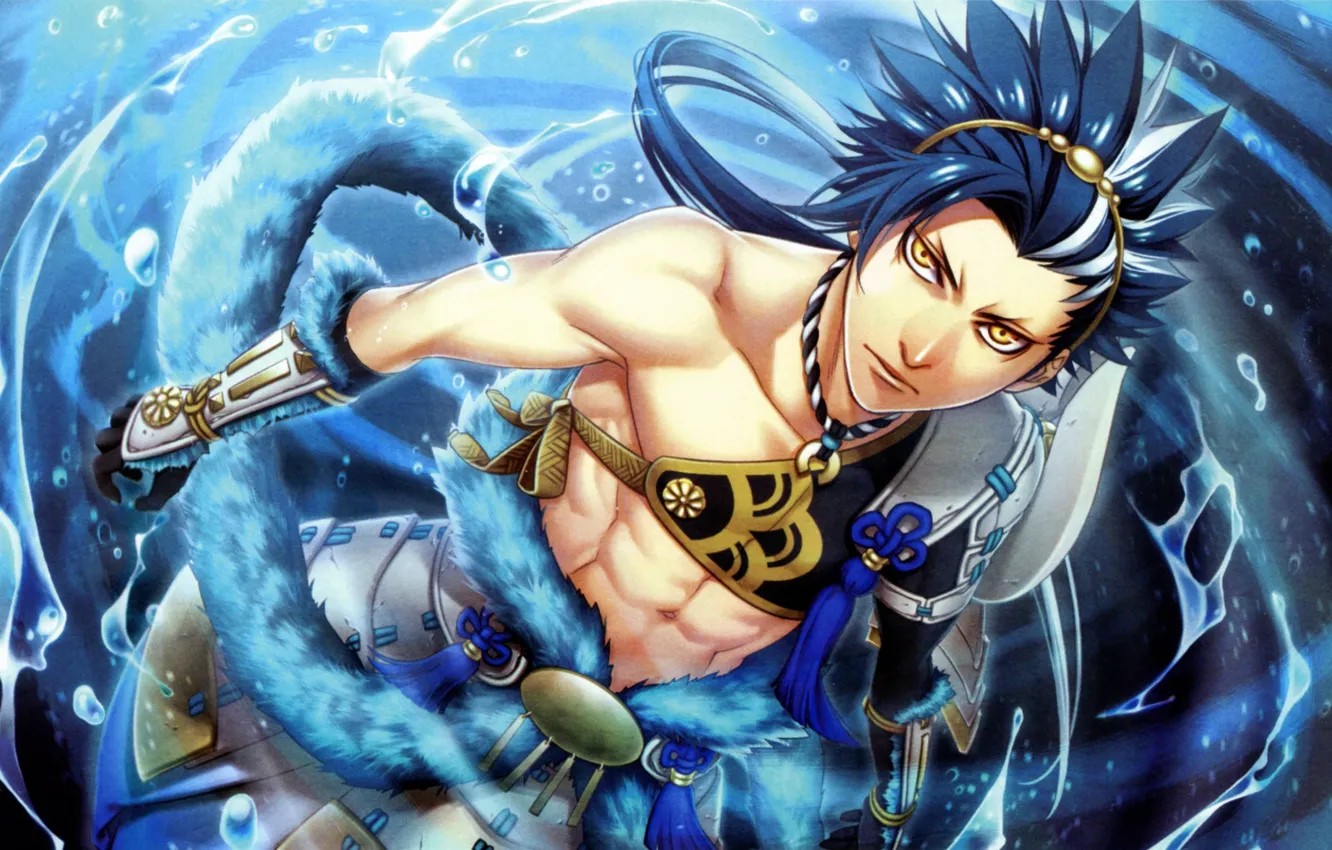 Photo wallpaper guy, Japanese clothing, blue hair, yellow eyes, looking up, Kamigami no Asobi, Game of the …