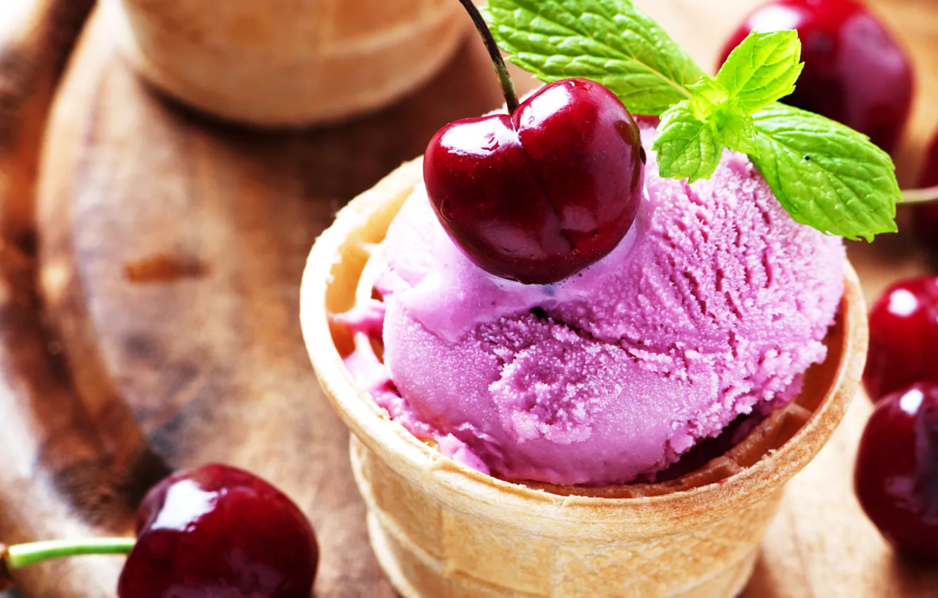 Photo wallpaper cherry, berries, ice cream, dessert, cherry, dessert, ice cream