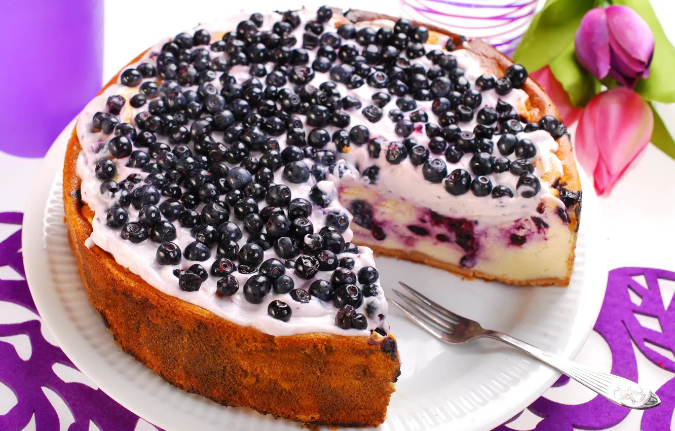 Photo wallpaper flowers, food, blueberries, tulips, cake, cake, fruit, cake