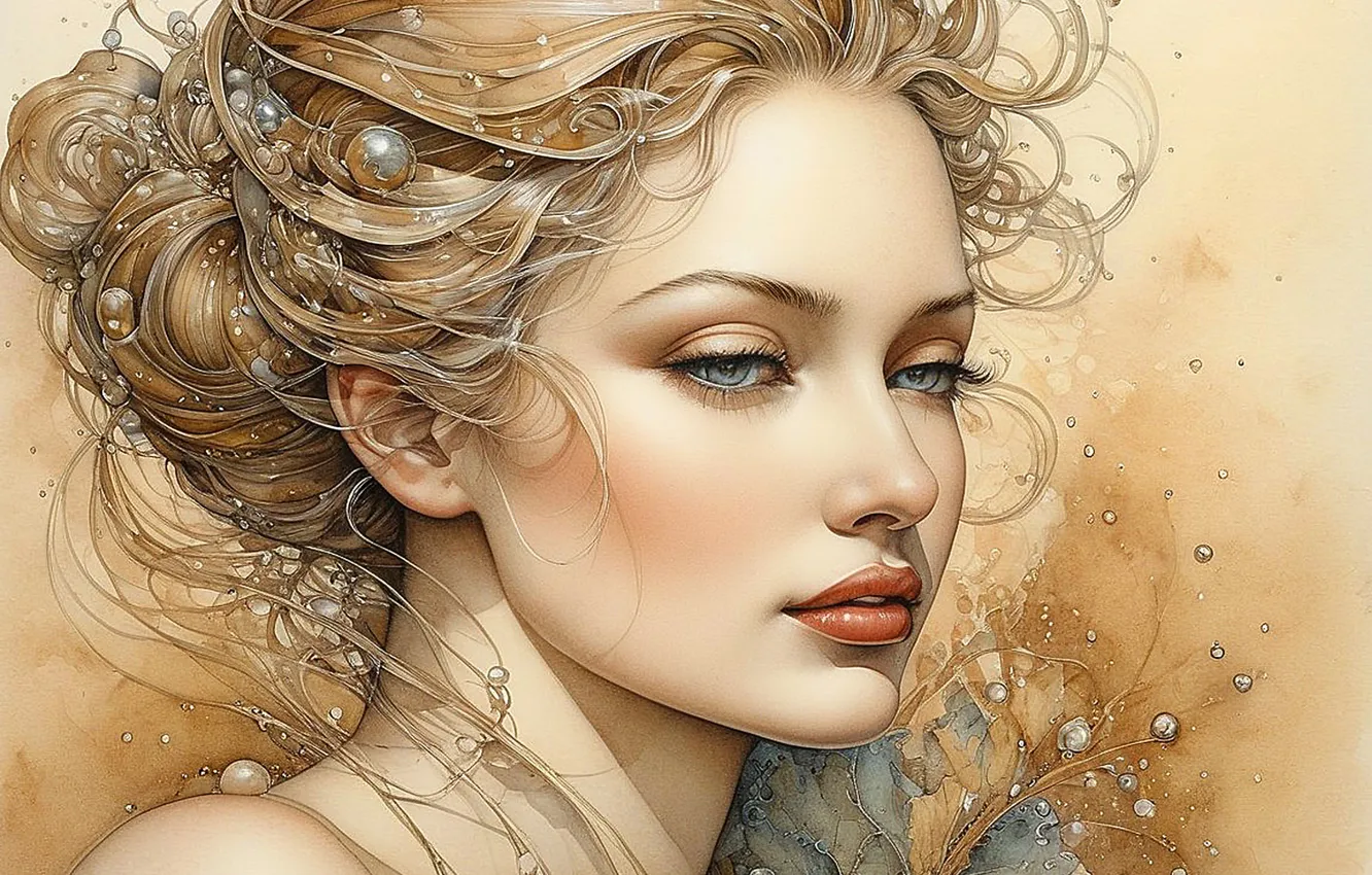 Photo wallpaper look, girl, decoration, bubbles, face, pose, portrait, hairstyle