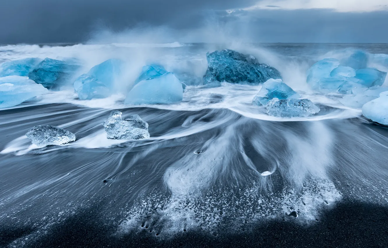 Photo wallpaper ice, winter, sand, sea, wave, the sky, clouds, squirt