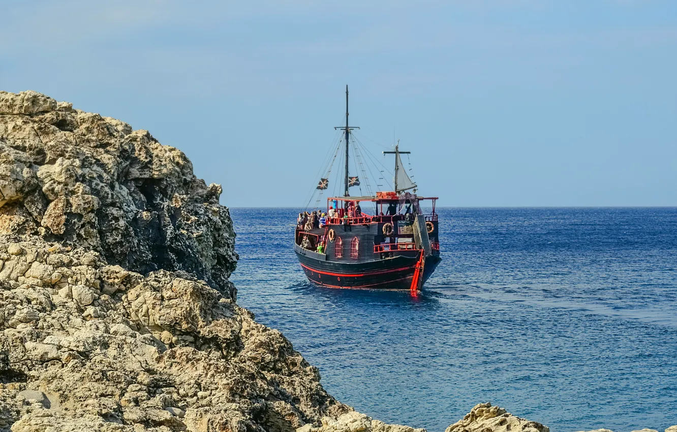 Photo wallpaper sea, the sky, rocks, stay, ship, Cyprus