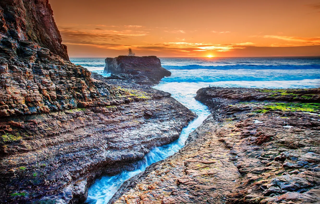 Photo wallpaper sea, wave, the sky, the sun, clouds, sunset, stones, rocks
