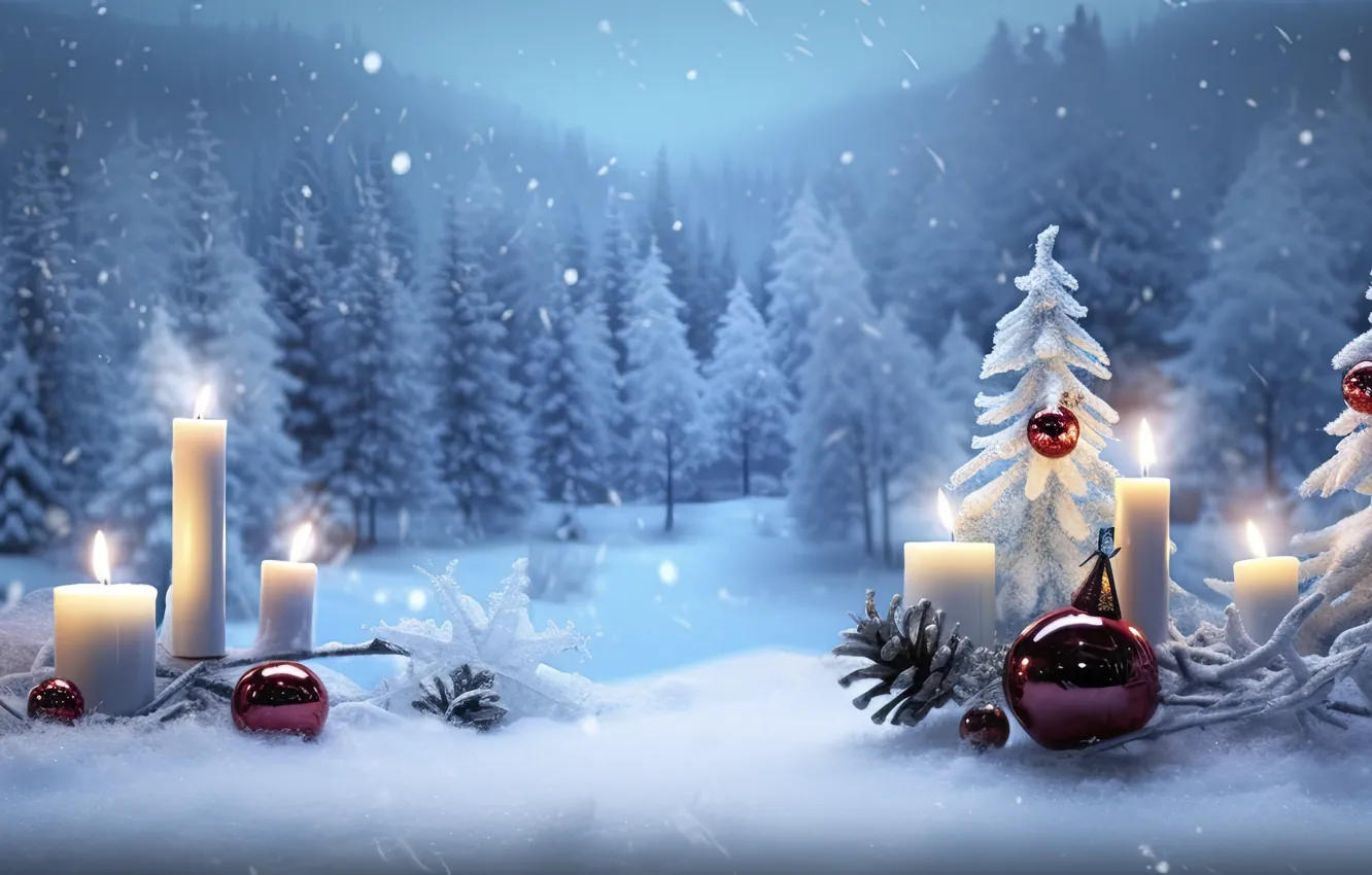 Photo wallpaper winter, frost, forest, balls, snow, trees, winter, new year