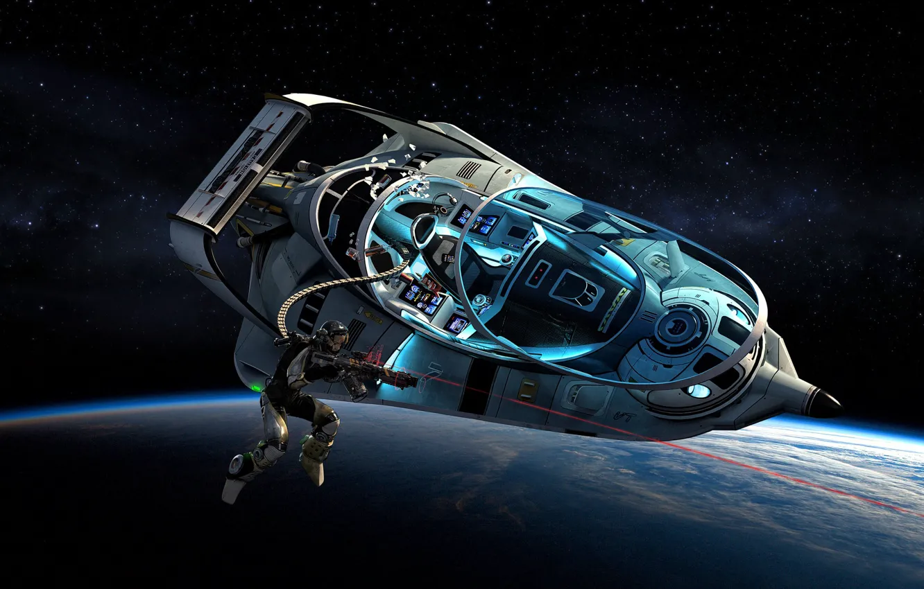 Photo wallpaper Orbital Drive By, astronaut, laser, planet, aircraft