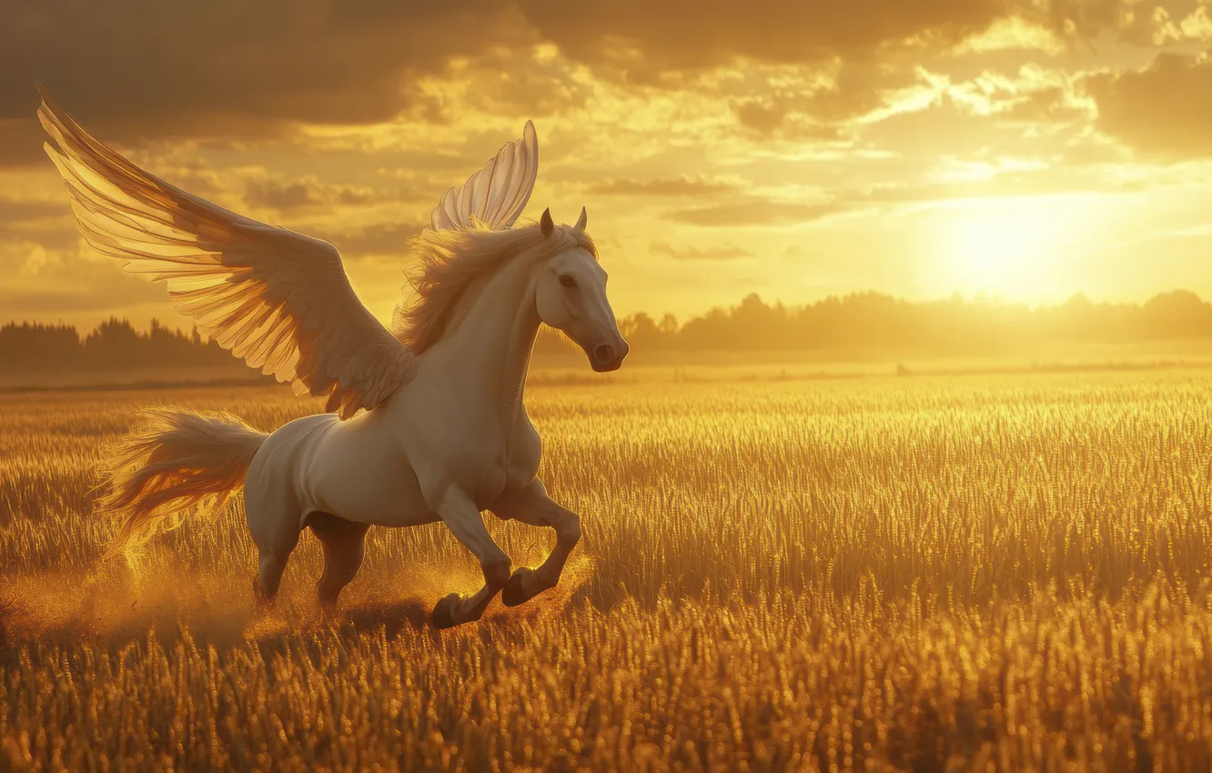 Photo wallpaper field, clouds, dawn, horse, wings, Pegasus, digital art, AI art