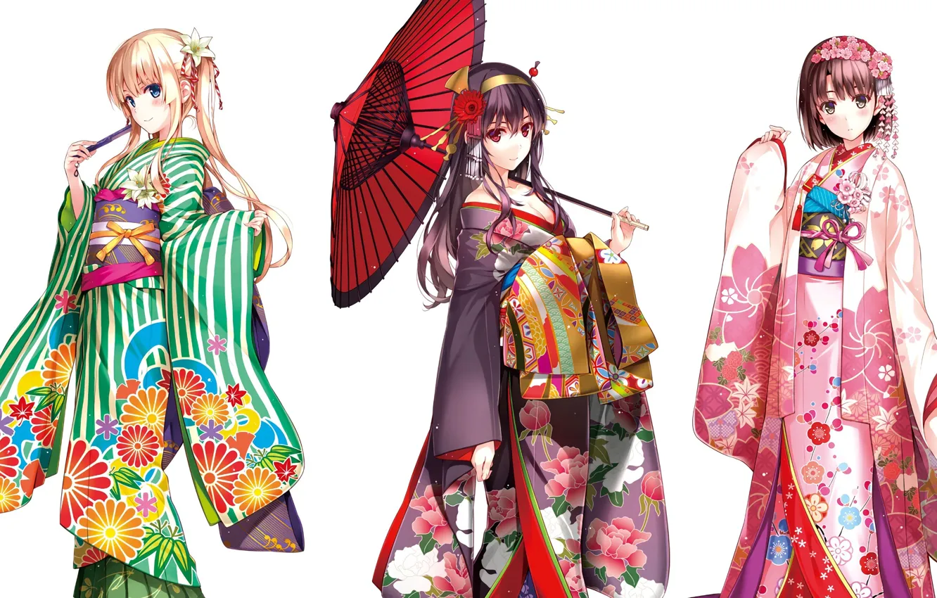 Photo wallpaper waves, flower, green eyes, umbrella, anime, blue eyes, beautiful, misaki kurehito