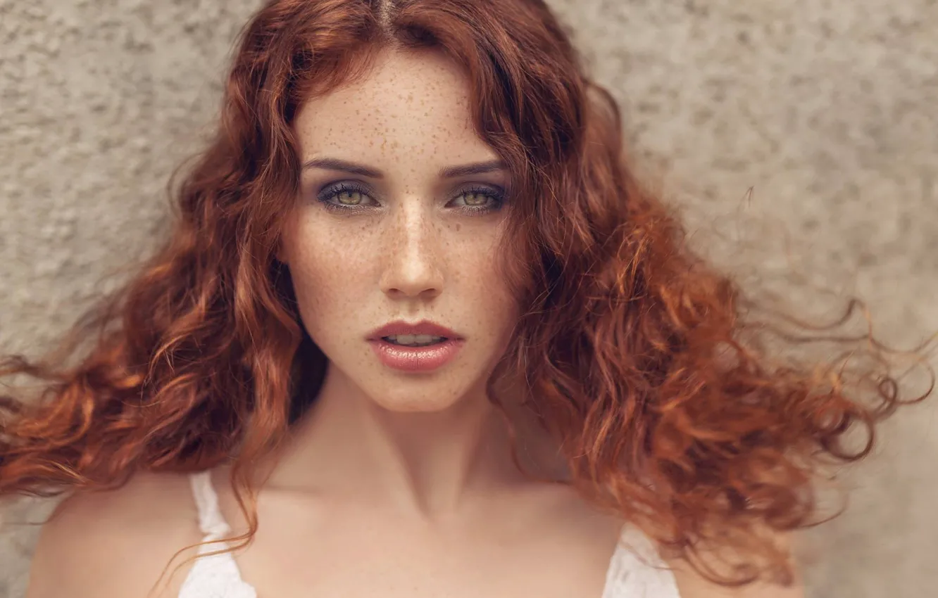 Photo wallpaper look, girl, model, portrait, makeup, hairstyle, freckles, redhead