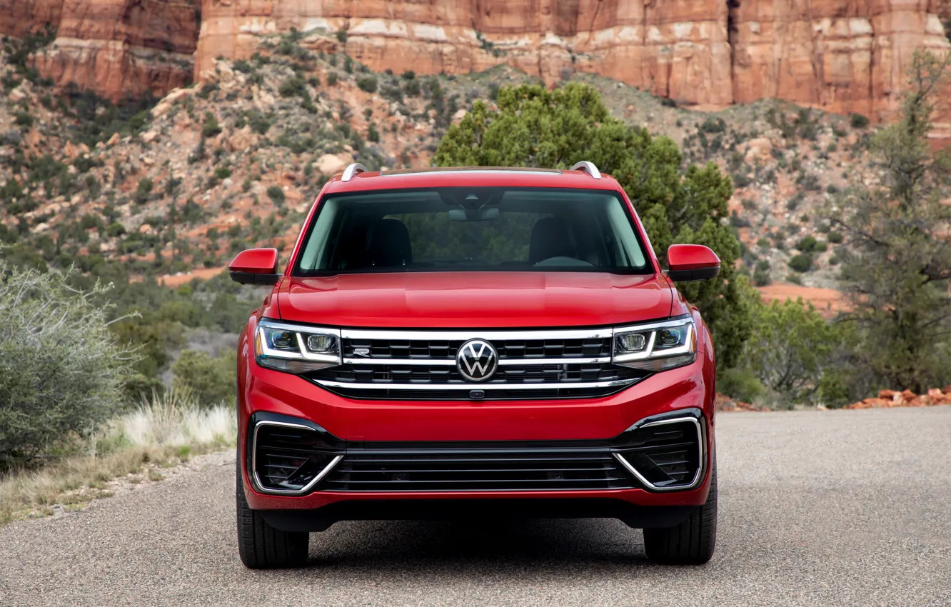 Photo wallpaper red, Volkswagen, front view, SUV, Atlas, 2020