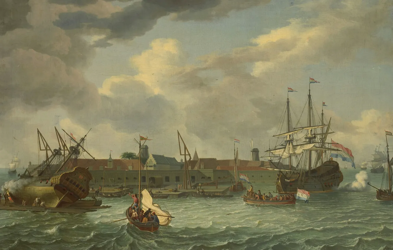 Photo wallpaper ship, oil, picture, sail, canvas, seascape, Abraham Stork, The island Unrest in Batavia