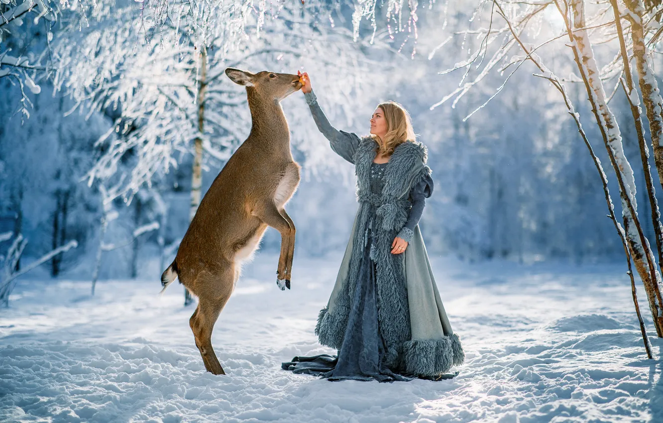 Photo wallpaper winter, girl, snow, trees, landscape, nature, animal, deer