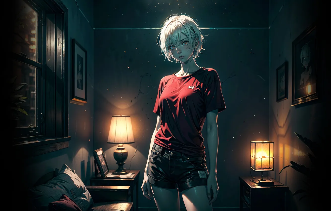 Photo wallpaper girl, light, night, room, anime, lamp