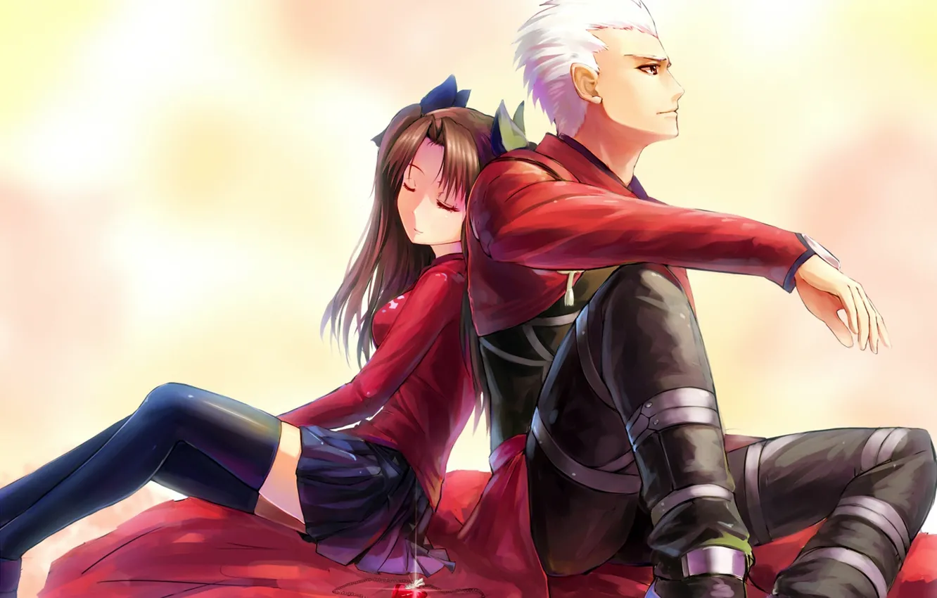 Photo wallpaper girl, anime, art, pendant, guy, chain, two, fate stay night