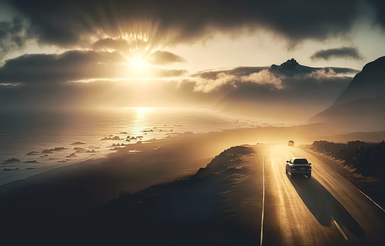 Photo wallpaper Sunset, The sun, Nature, Sea, Beach, Auto, Road, Mountains