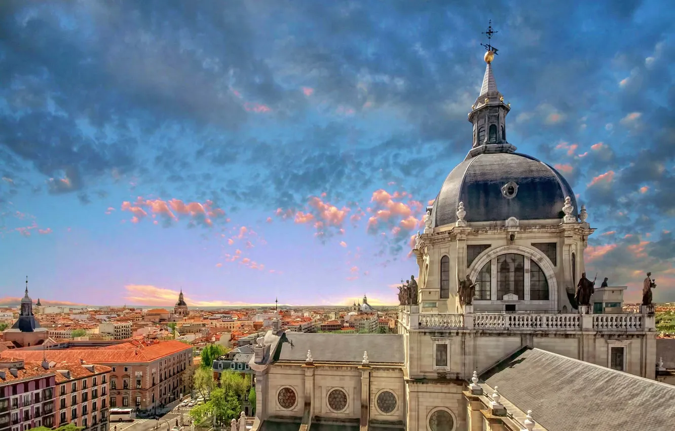Photo wallpaper the sky, panorama, Cathedral, Spain, Spain, Madrid, Madrid, Cathedral Of The Almudena