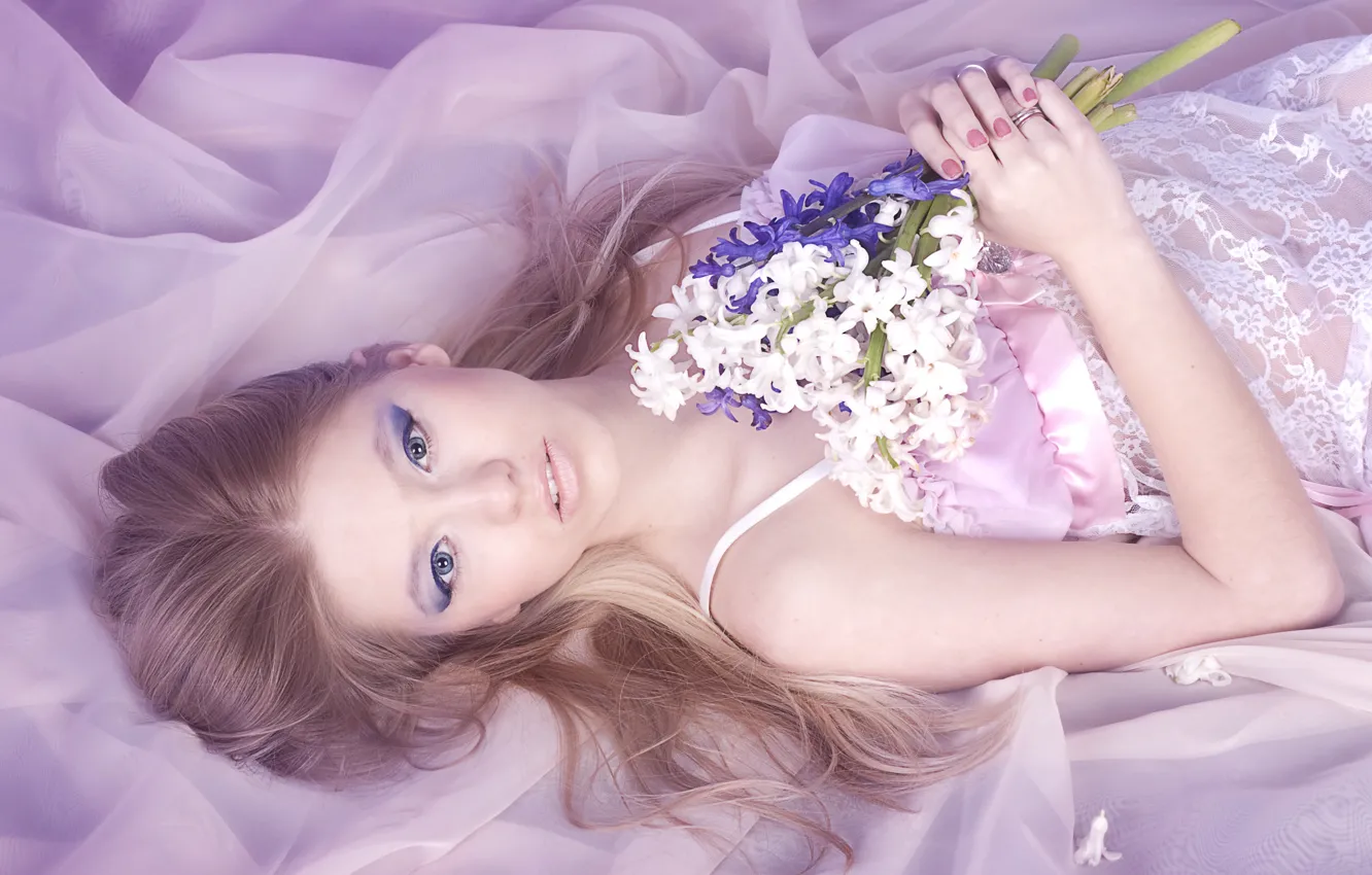 Photo wallpaper girl, flowers, makeup, fabric, veil, hyacinths, Rus