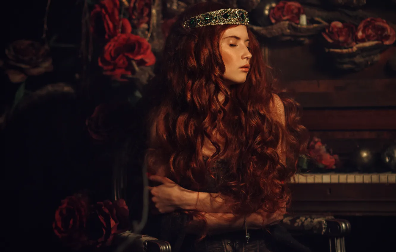 Photo wallpaper girl, decoration, darkness, room, roses, red, piano, piano