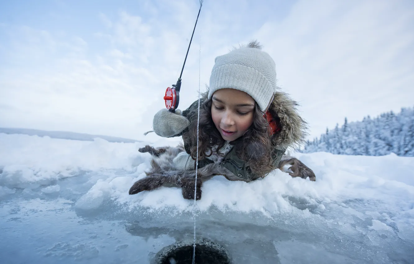Photo wallpaper ice, winter, fishing, Norway, girl, Norway, woods, Frozen lake