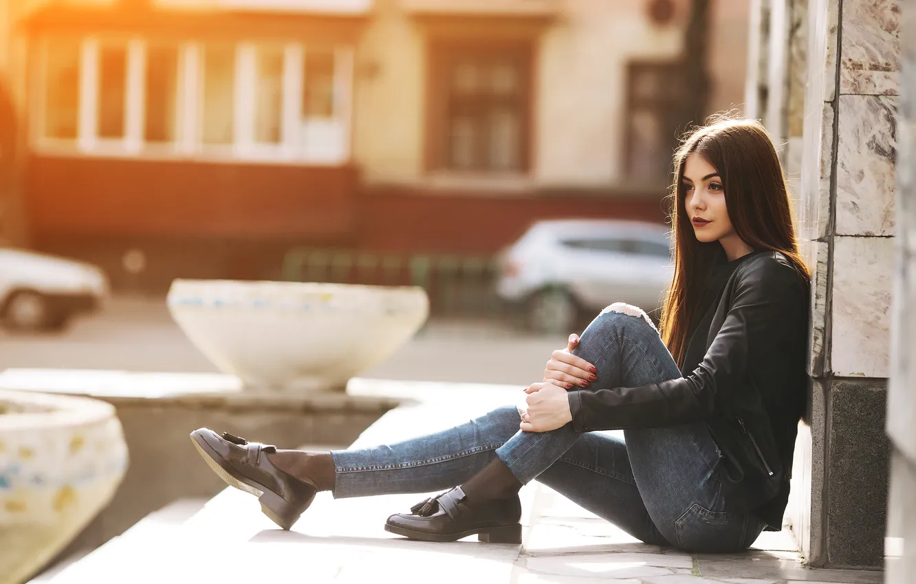 Photo wallpaper girl, young, beautiful, model, jeans, jacket, long-haired