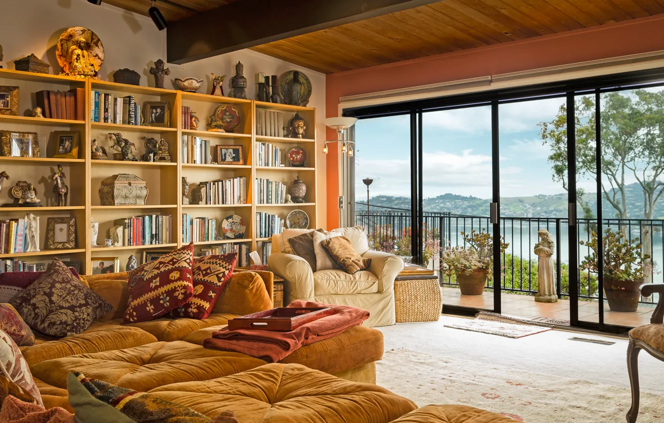 Photo wallpaper sofa, Windows, chair, pillow, balcony, living room, racks