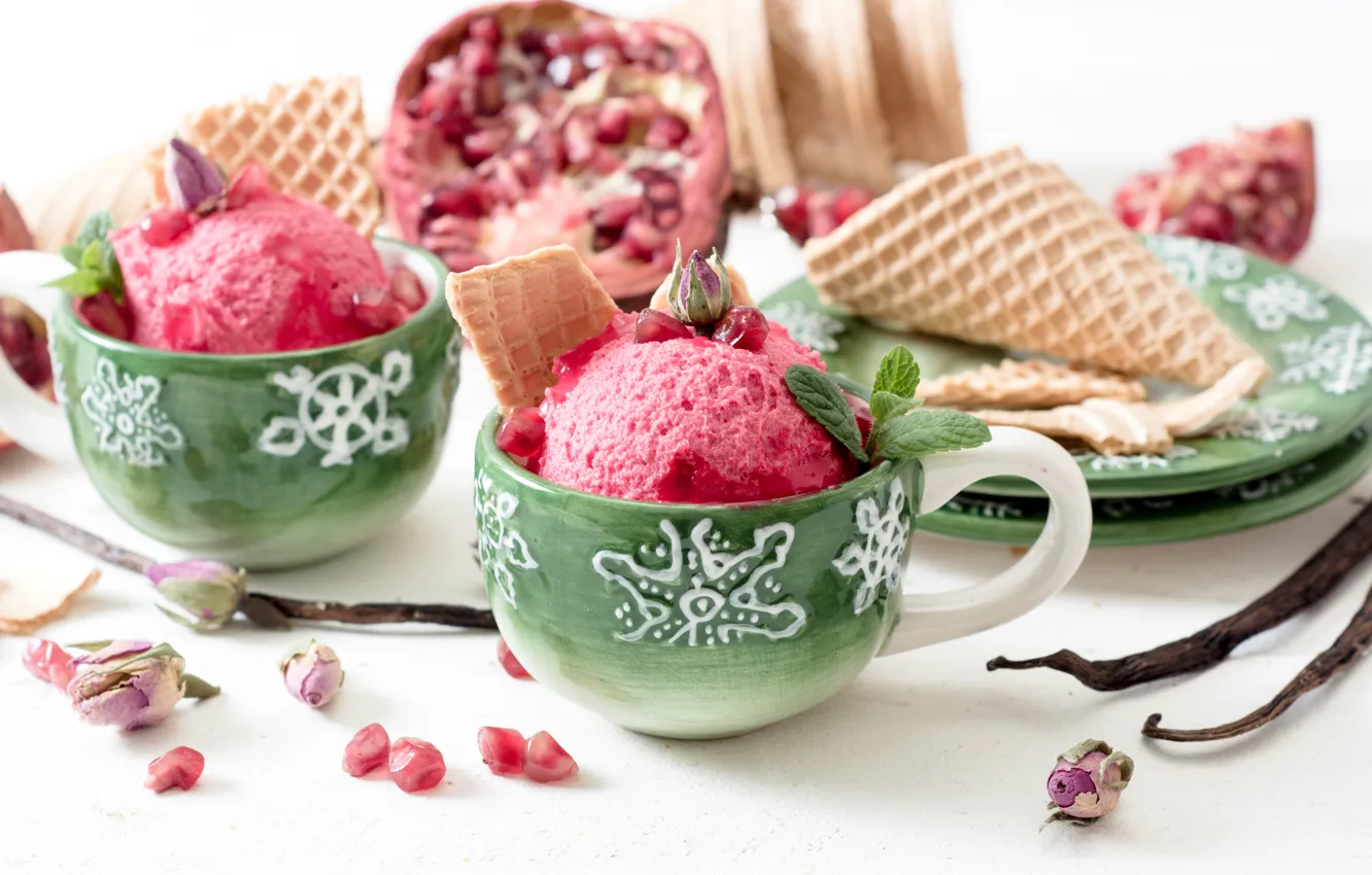 Photo wallpaper ice cream, dessert, waffles, sweet, sweet, garnet, dessert, ice cream