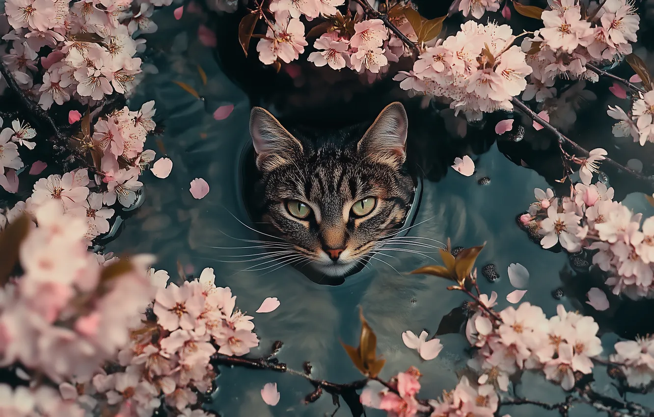 Photo wallpaper cat, cat, look, flowers, branches, pose, pond, grey