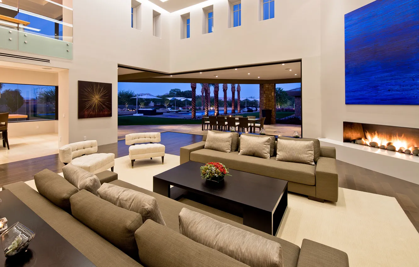 Photo wallpaper design, style, palm trees, table, sofa, home, interior, picture