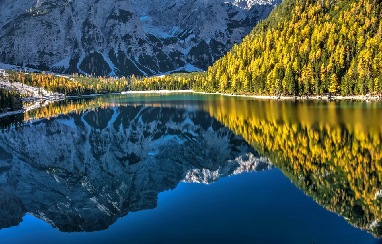 Photo wallpaper autumn, forest, mountains, lake, reflection, Italy, Italy, The Dolomites