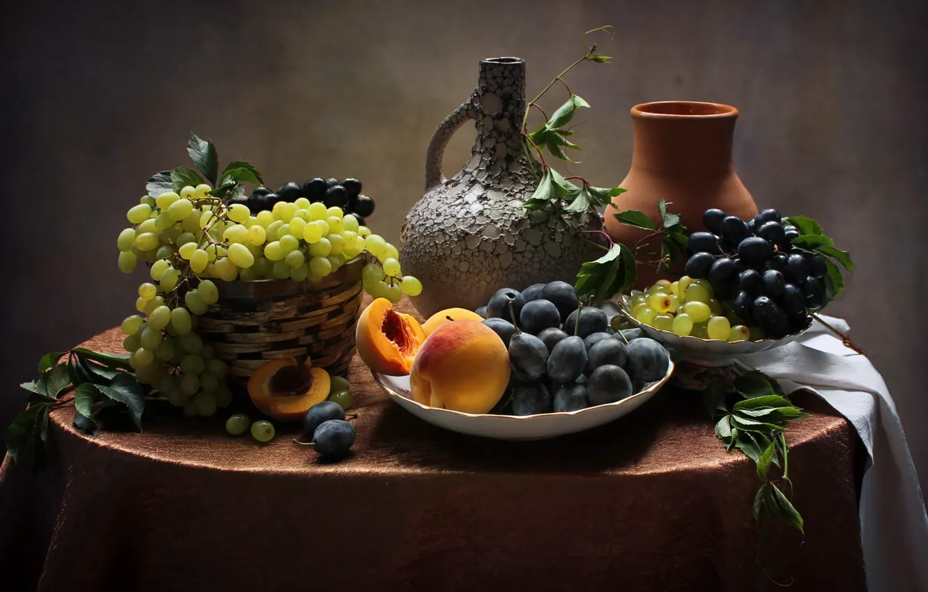 Photo wallpaper grapes, still life, peaches