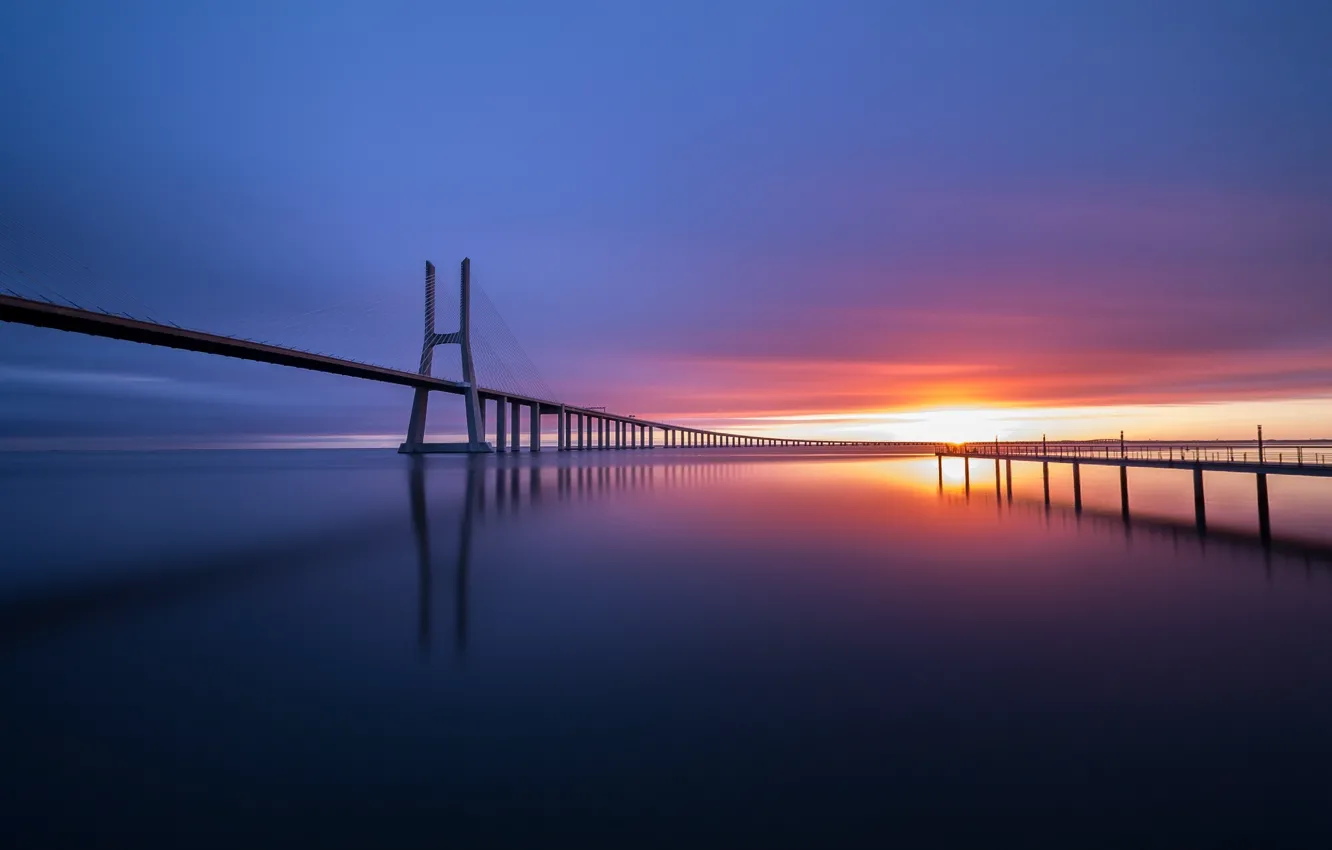 Photo wallpaper sea, the sky, water, bridge, Portugal