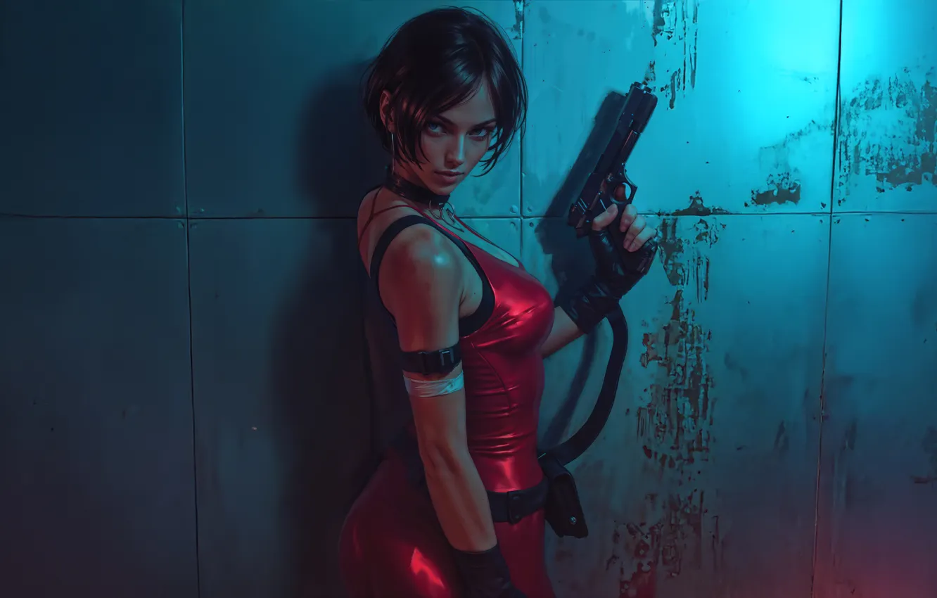 Photo wallpaper girl, gun, Resident Evil, look, red dress, Ada Wong