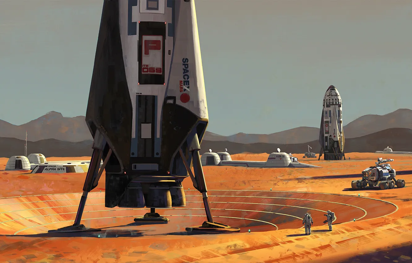 Photo wallpaper fantasy, science fiction, spaceship, sci-fi, painting, digital art, buildings, artwork